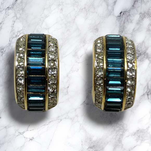 Monet Jewelry - Vintage Monet Art Deco Nouveau Earrings Clear Blue Crystal Demi Hoops Leverback